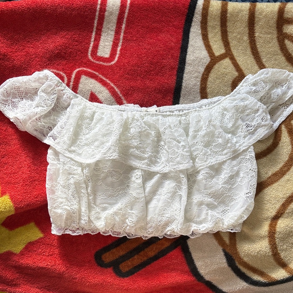 Garage White Lace Off-Shoulder Crop Top